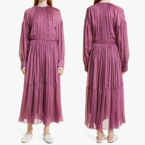 VINCE Pleated Long Sleeve Silk Maxi Dress